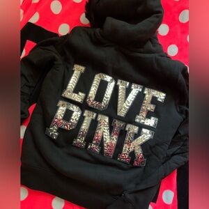 RARE SEQUINED FAUX FUR LINED PINK Victoria's Secret Black Hoodie New No tags